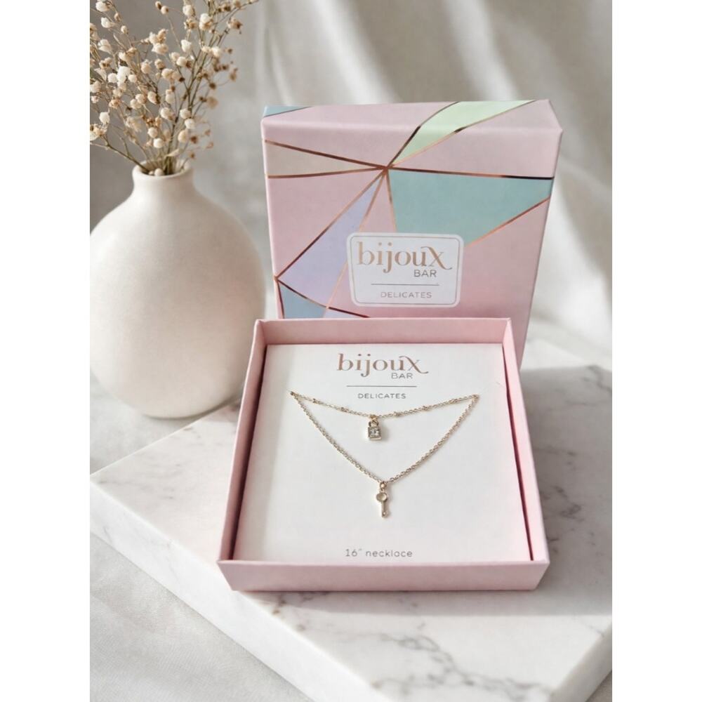 Bijoux Bar Gold Key Lock Box Necklace Set New